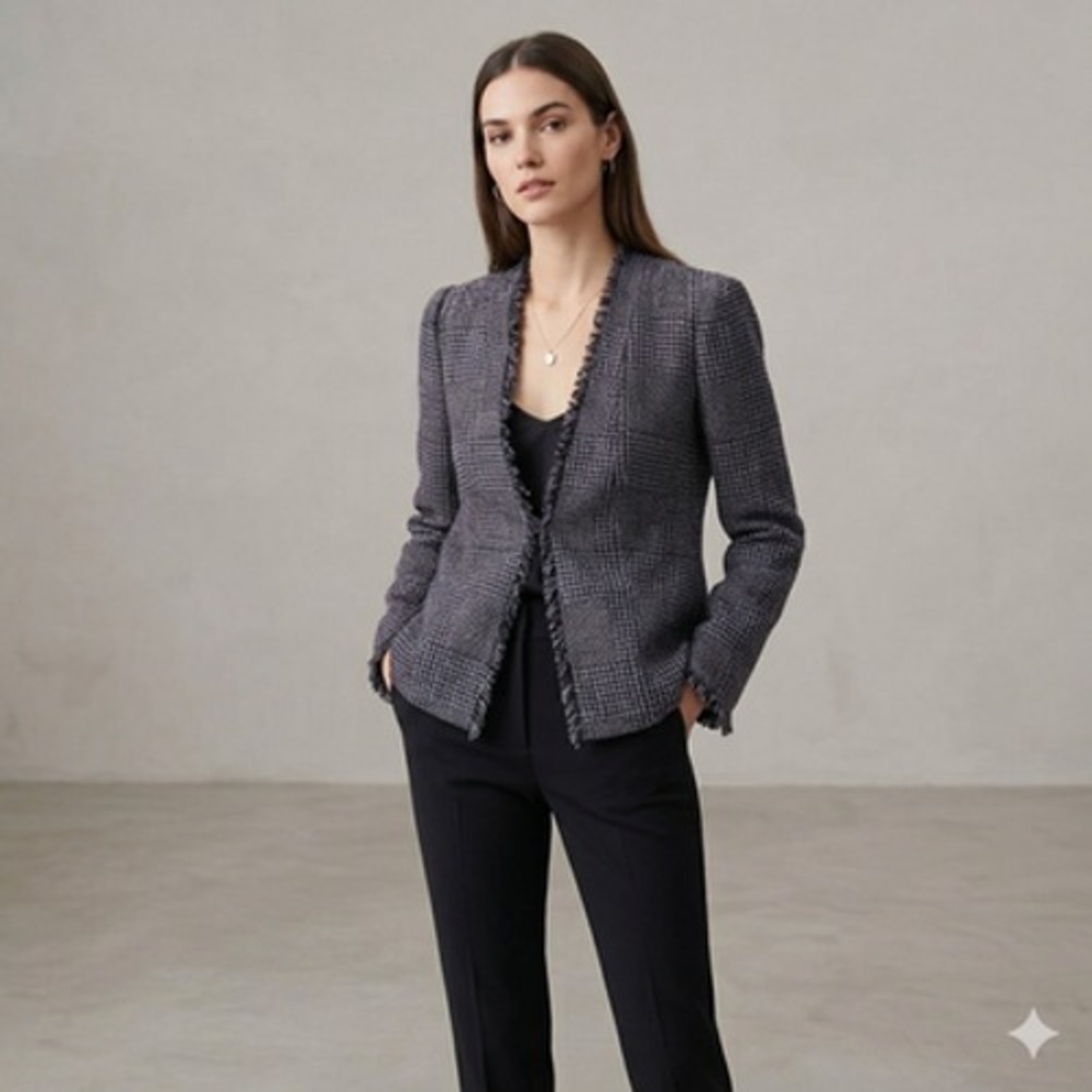 Rebecca Taylor Jacket Womens‎ 6 Gray Tweed Check Collarless Fringe Lined Blazer